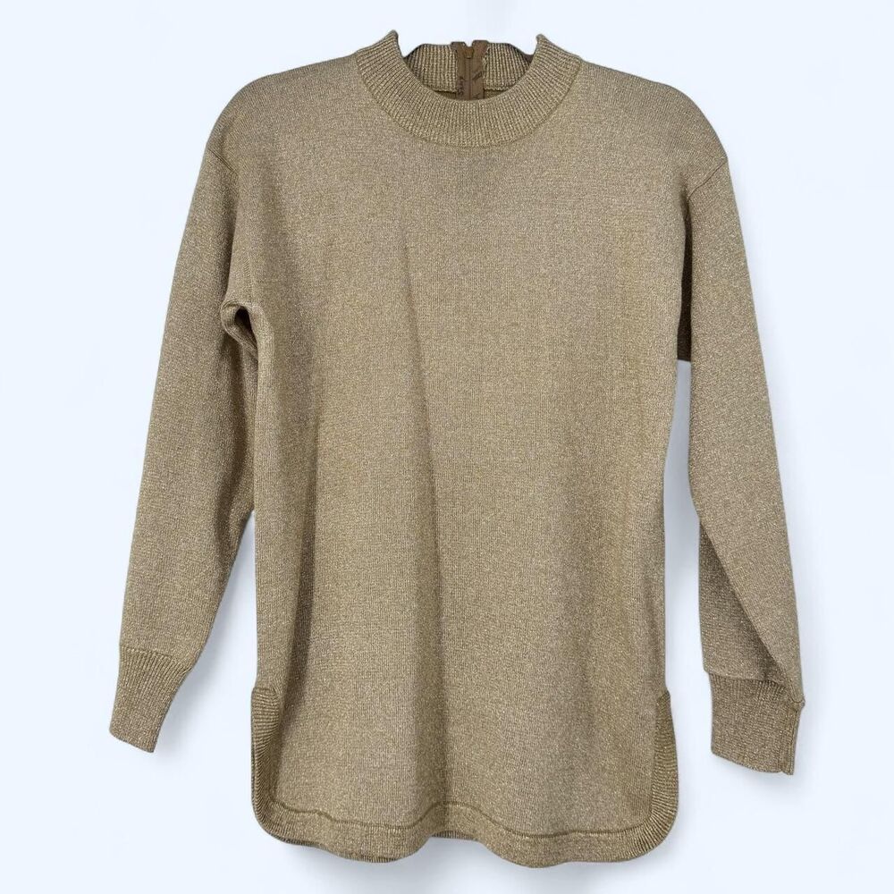 Gold Metallic Long Sleeve Knit Sweater Mock Neck Back Zipper Tunic The Shards